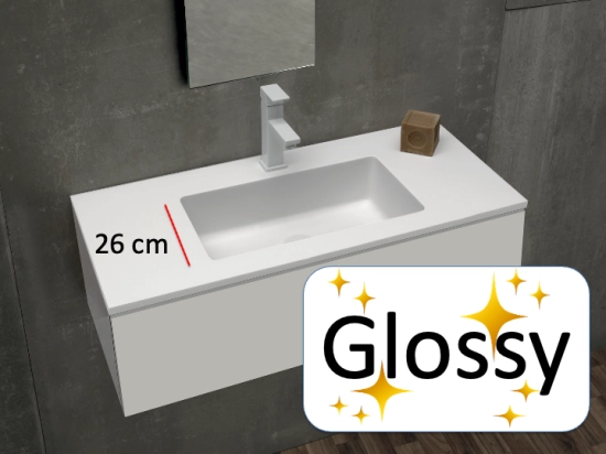 Plan vasque lavabo, sur mesure, Largeur 70 à 200 cm x Profondeur 40 à 80 cm, résine composite de haute qualité, Finition lisse blanc BRILLANT laqué ou mate, Livraison Offerte.